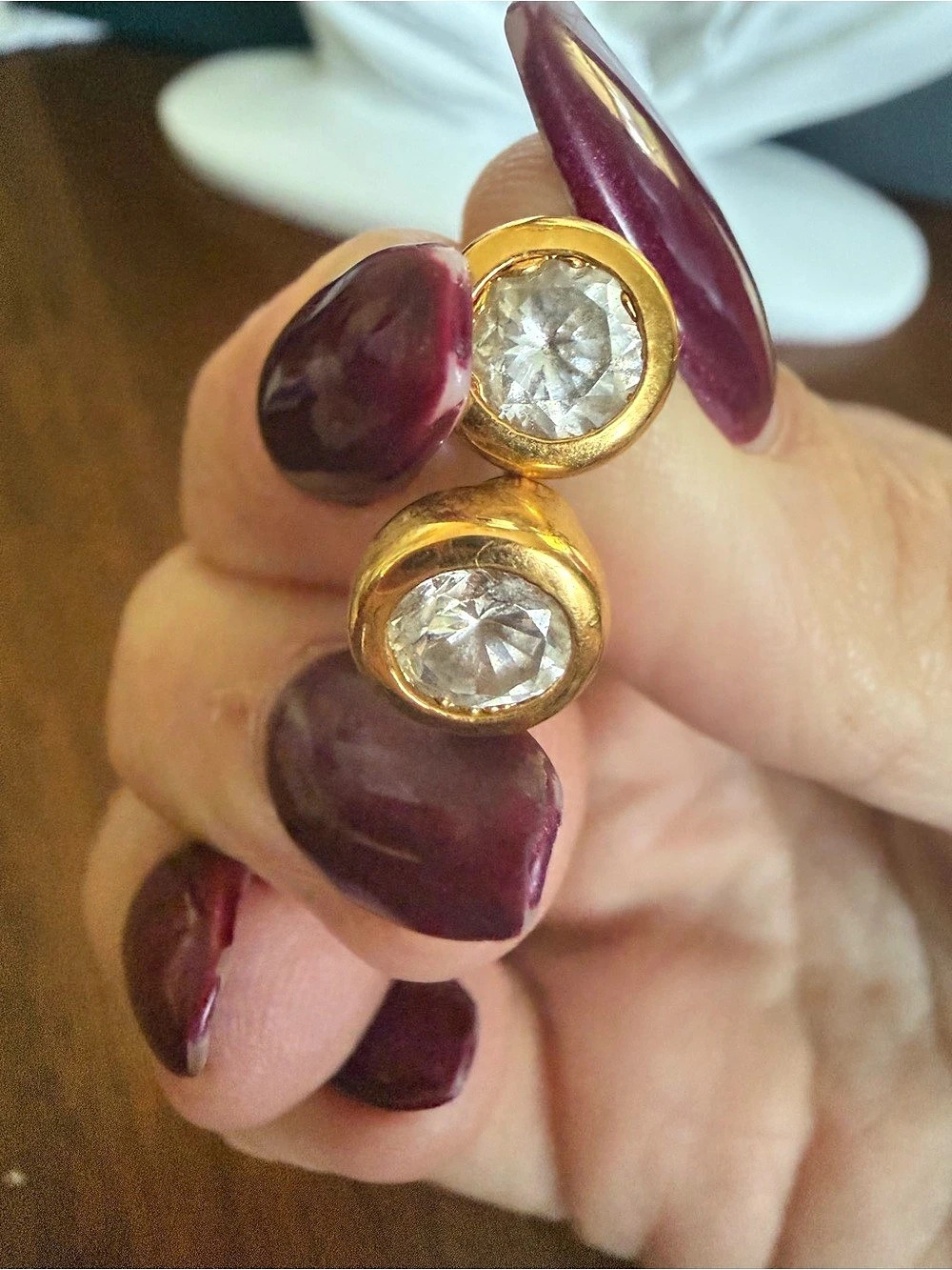 Vintage Gold Tone Clear Rhinestone Round Stud Earrings Bezel Set Pierced Retro